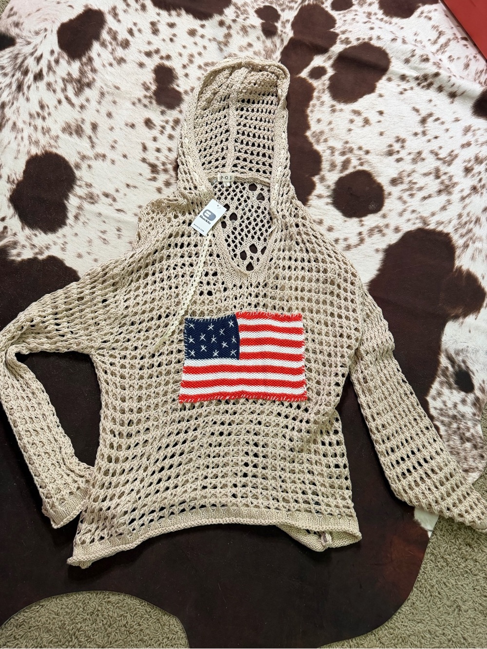 Buckle Beige Crochet Hooded Sweater with American Flag Patch